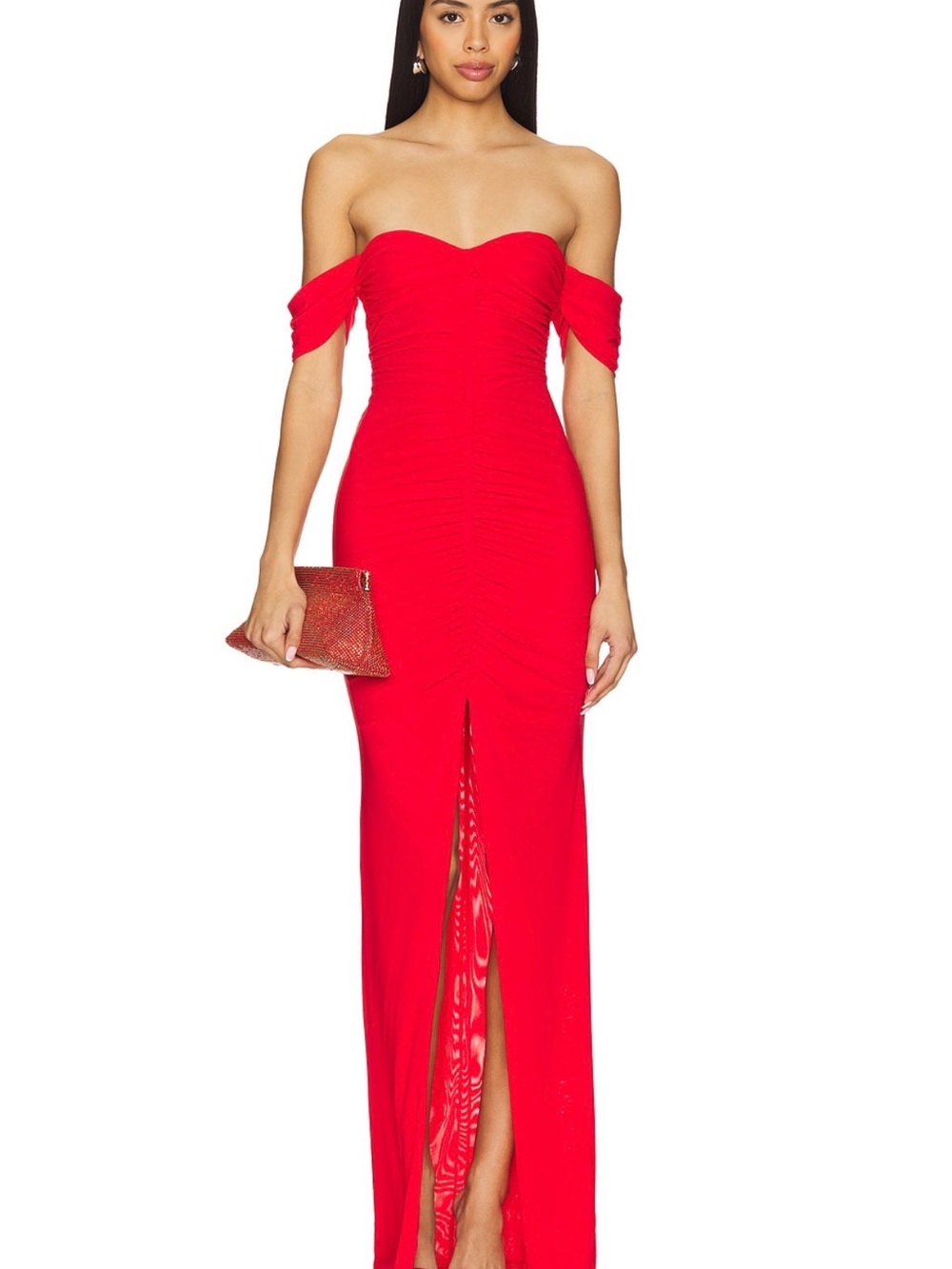 Majorelle - Simone Gown in Cherry Red - XS - Off-Shoulder Ruched